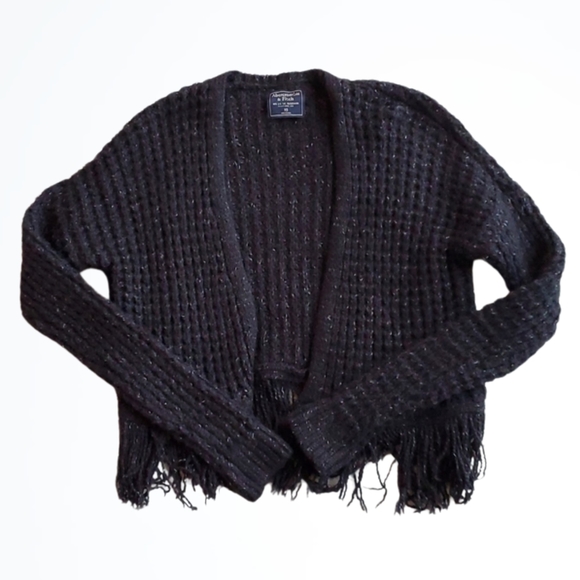 Abercrombie & Fitch Sweaters - Abercrombie & Fitch Black Speckled Chunky Knit Open Front Cardigan w Fringe XS